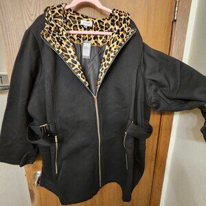 Avenue Women's Plus Size Side Tab Black & Leopard Fleece Jacket NWT Hood 30/32